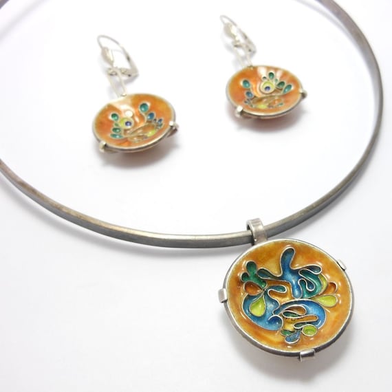 Modernist Mid Century Enamel Silver Pendant & Ear… - image 1