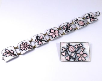 Lovely Perli Signed Enamel Bracelet & Brooch Set