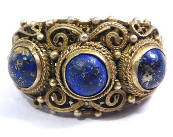 Old Ornate Chinese Ring Filigree Lapis Silver