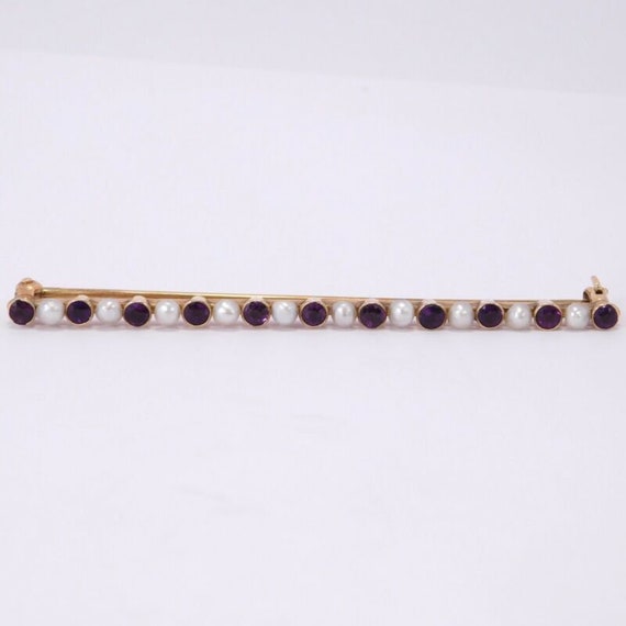 14k Krementz Brooch Bar Pin Amethyst Pearl - image 1