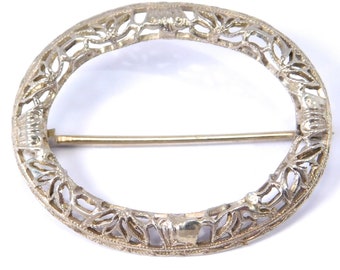 Edwardian Brooch 10k White Gold Filigree Signed