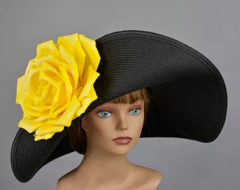 SALE Black Yellow Church Wedding Hat Head Piece Kentucky Derby Hat Black Bridal Coctail Hat Couture Horse Raicing Party