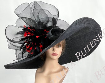 SALE Huge Over Size 10" Brim Black Red Feathers Church Wedding  Kentucky Derby  Bride Coctail Hat Couture Events Horse Racing Wide Brim