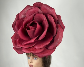 SALE 18"-19" Over Size Burgundy Rose Headband Wedding   Kentucky Derby  Darck Red Coctail Hat Couture Fascinator  Bridal Hat