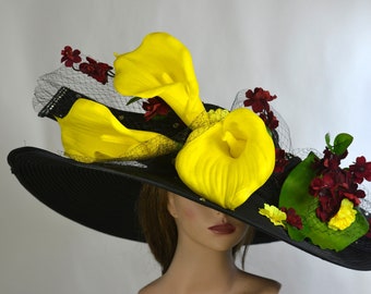 SALE Huge Over Size Black Yellow Church Wedding  Head Piece Kentucky Derby Hat Satin Bridal Coctail Hat Couture Horse Racing