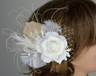 SALE Ivory(White) Bridal Flower Hair Clip Wedding  Crystals Feathers Bridal Fascinator Bridal Accessory