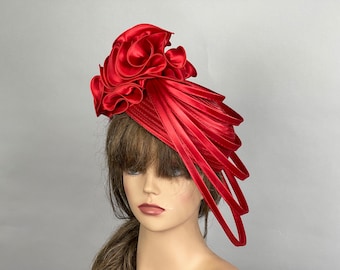 SALE Red Wedding Het Church Kentucky Derby Satin Bride Coctail Hat Couture Horse Racing Party