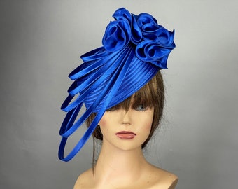 SALE Blue Wedding Het Church Kentucky Derby Satin Bride Coctail Hat Couture Horse Racing Party