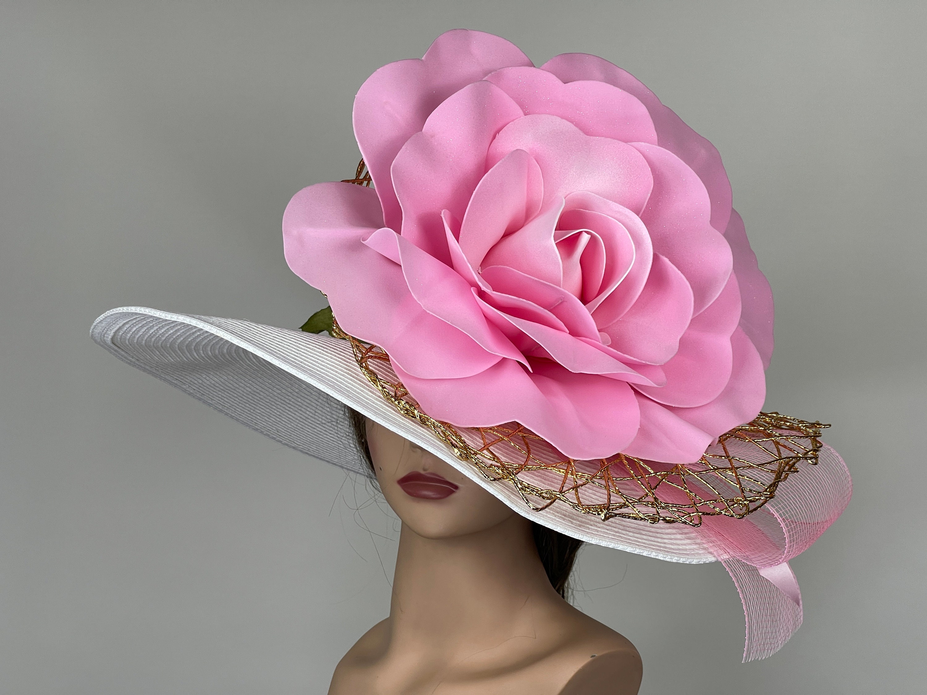 Elegant White Wide-Brim Hat with Horse, Trophy, and Rose Floral Trim White Straw Kentucky Derby Hat: Wide Brim With Pink Flowers  main image 3