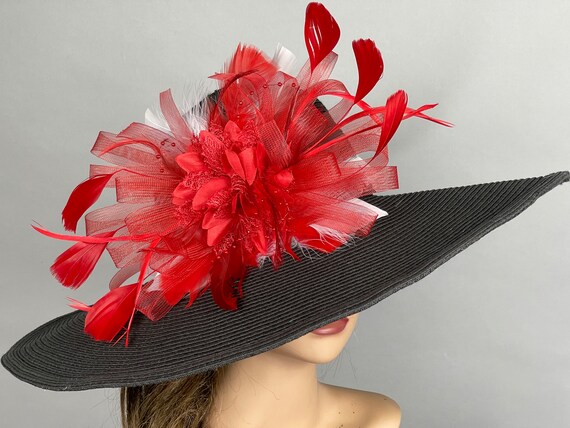 Black Kentucky Derby Hat: Red Feather Church Wedding Couture  display picture 2