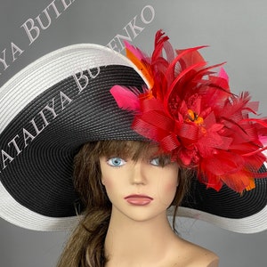 Wide Brim Kentucky Derby Hat: Black, White & Red Couture Headpiece