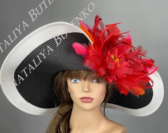 SALE Woman Black White Red Church Wedding Head Piece Kentucky Derby Hat Bride Coctail Hat Couture Hat Wide Brim