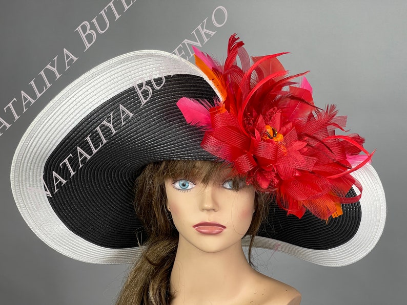 SALE Woman Black White Red Church Wedding Head Piece Kentucky Derby Hat Bride Coctail Hat Couture Hat Wide Brim image 1