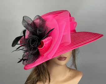 SALE Hot Pink Fuchsia Black Wedding Het Church Kentucky Derby Satin Bride Coctail Hat Couture Horse Racing Party