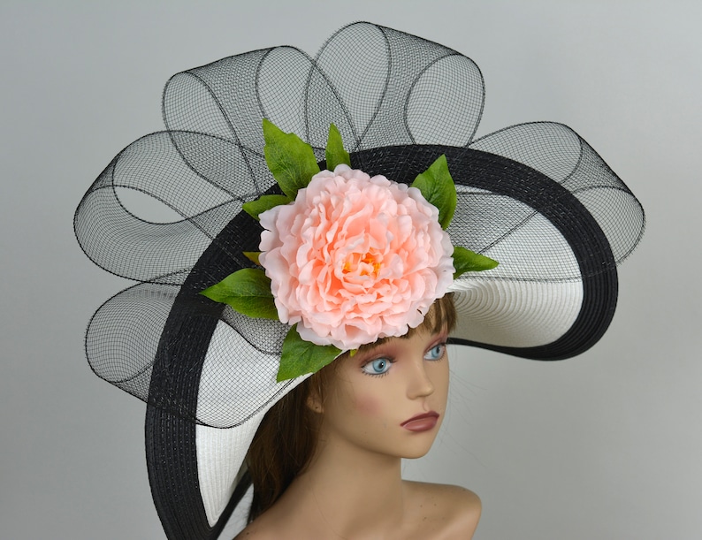 Woman White Black Strips Hat Pink Flower Church Wedding Hat Kentucky Derby Hat Bridal Coctail Hat Couture Fascinator Bridal Hat