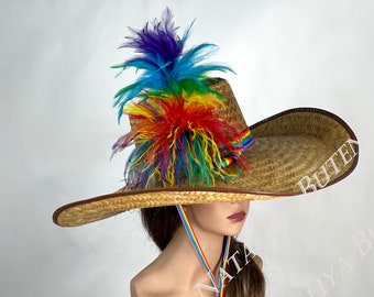 SALE Gay Parade Rainbow Cowboy  Woman Man  Formal Hat Tea Party Church Kentucky Derby Hat Bridal Coctail Hat Couture Brown Bridal Hat