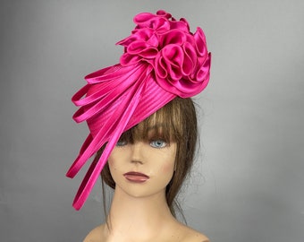 SALE Fuchsia Hot Pink Wedding Het Church Kentucky Derby Satin Bride Coctail Hat Couture Horse Racing Party