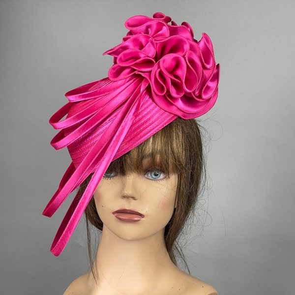 SALE Fuchsia Hot Pink Wedding Het Church Kentucky Derby Satin Bride Coctail Hat Couture Horse Racing Party