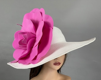 White Pink Church Wedding  Head Piece Kentucky Derby Coctail Bridal Woman Hat Summer Hat Wide Brim