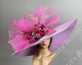 SALE Huge Over Size 10" Brim Purple Wedding  Head Piece Kentucky Derby  Bride Coctail Hat Couture Events Horse Racing Big Hat Wide Brim