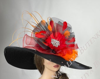 SALE Huge Over Size Black Red Church Wedding  Head Piece Kentucky Derby Hat Satin Bride Coctail Hat Couture Events Wide Brim