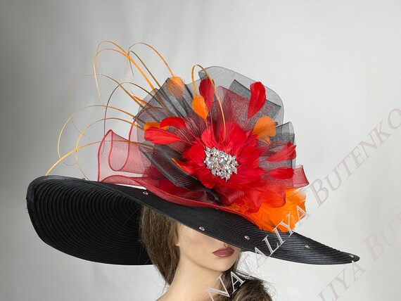 NEW! Red And Black Floral Kentucky Derby Hat SALE Wide Brim Kentucky Derby Hat: Red Flower, Black  main image 2
