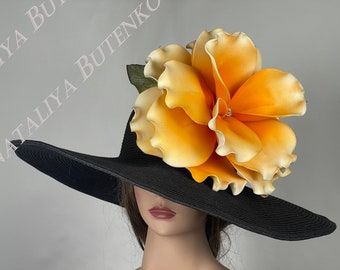 SALE Black Orange Church Wedding  Head Piece Kentucky Derby  Bridal Coctail Hat Couture  Woman Hat Summer Hat Wide Brim