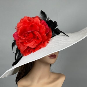 White Wide Brim Hat: Red Flower Kentucky Derby Headpiece