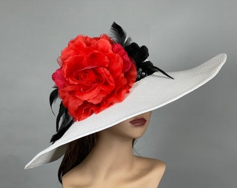 Wit rood kerk bruiloft hoofd stuk Kentucky Derby Coctail bruids vrouw hoed zomer hoed brede rand