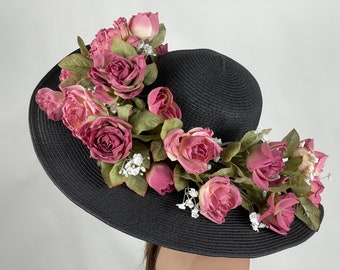 Black Church Wedding Hat Head Piece Kentucky Derby Hat Bridal Coctail Hat Couture Woman Hat Summer Hat Wide Brim
