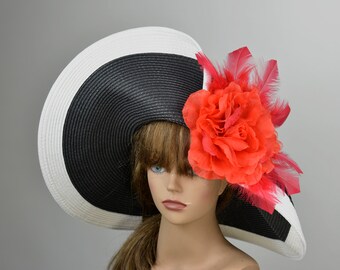 SALE Woman Black White Red Church Wedding Head Piece Kentucky Derby Hat Bridal Coctail Hat Wide Brim