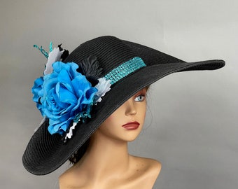 Black Blue Church Wedding Head Piece Kentucky Derby Bride Coctail Hat Couture Woman Hat Summer Hat Horse Racing