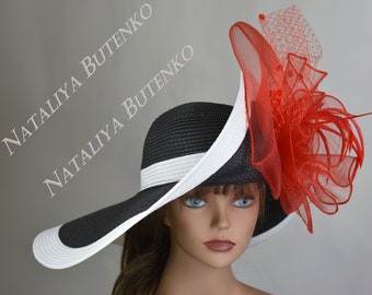 SALE Woman Black White Red Strips  Church Wedding  Kentucky Derby Hat Bridal Coctail Hat Couture Tea Party Horse Racing