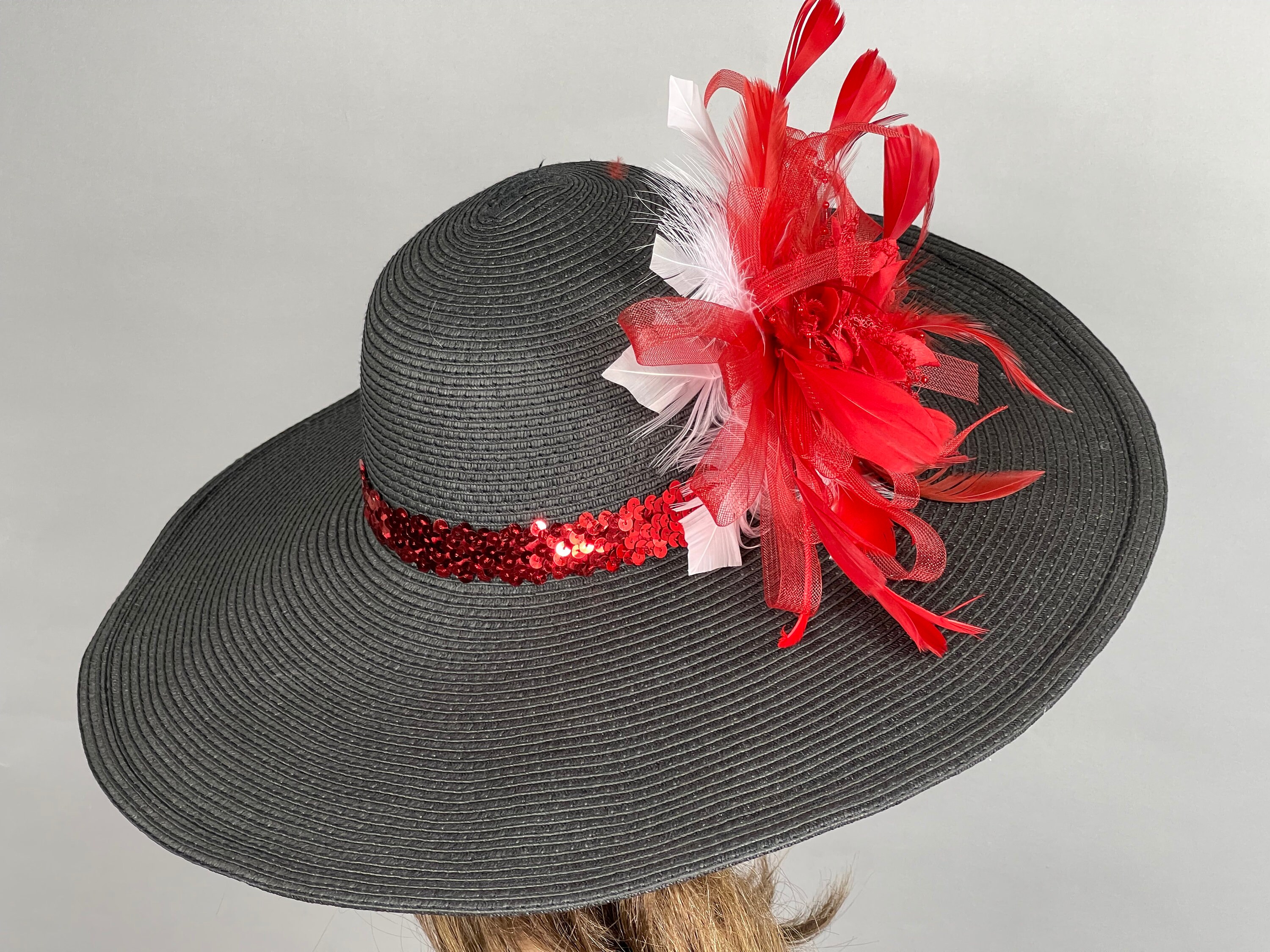 Black Kentucky Derby Hat: Red Feather Church Wedding Couture 