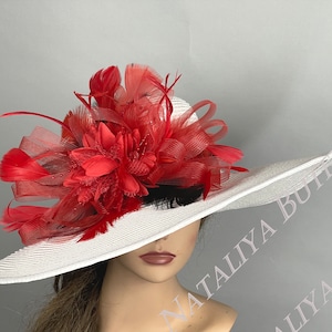 Off White Kentucky Derby Hat: Red Floral Wedding Headpiece