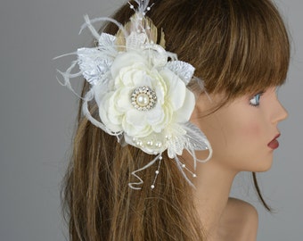 SALE Ivory(White) Bridal Flower Hair Clip Wedding  Crystals Feathers Bridal  Bridal Accessory