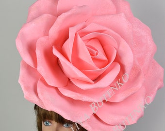 18"-19" Over Size Pink Rose Headband Wedding Hat  Kentucky Derby Hat Church Hat Pink Coctail Hat Couture Fascinator  Bridal Hat