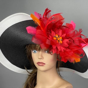 SALE Woman Black White Red Church Wedding Head Piece Kentucky Derby Hat Bride Coctail Hat Couture Hat Wide Brim image 2