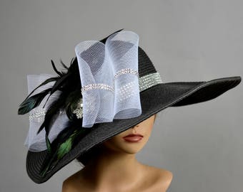 DERBY SALE Black White Church Wedding Hat Head Piece Kentucky Derby Hat White Bridal Coctail Hat Couture Woman Hat Summer Hat