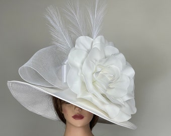 White Church Wedding Hat Head Piece Kentucky Derby Coctail Bridal Woman Hat Summer Hat Wide Brim