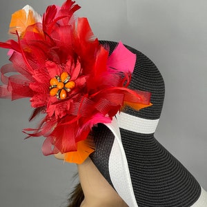 SALE Woman Black White Red Church Wedding Head Piece Kentucky Derby Hat Bride Coctail Hat Couture Hat Wide Brim image 3
