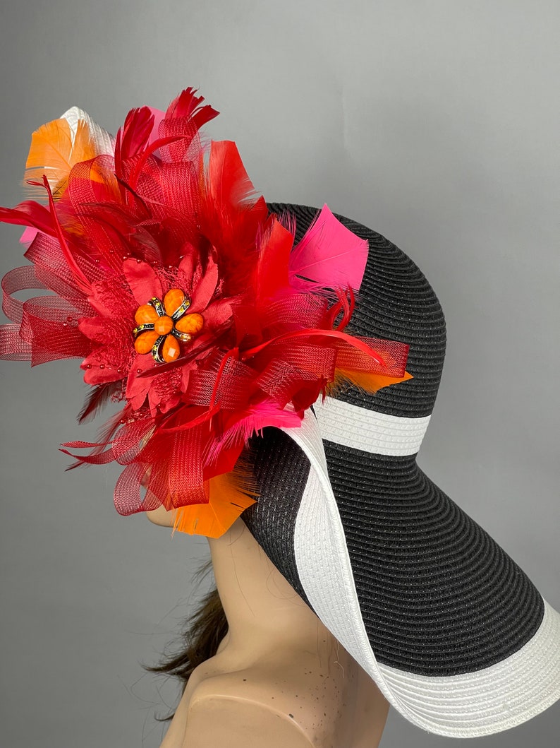 SALE Woman Black White Red Church Wedding Head Piece Kentucky Derby Hat Bride Coctail Hat Couture Hat Wide Brim image 3