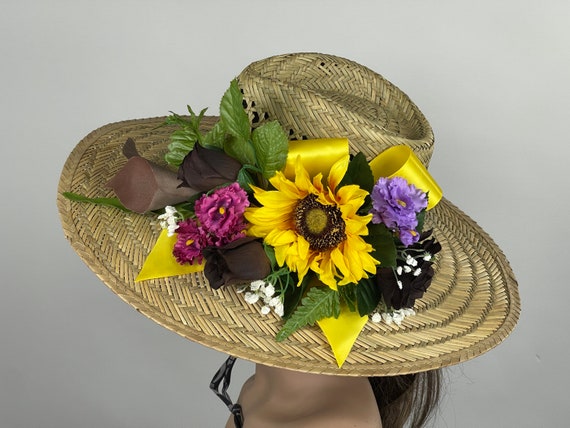 Wide Brim Straw Kentucky Derby Hat: Floral Couture Party - Etsy display picture 2
