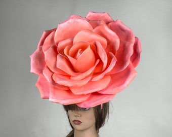 SALE 18"-19" Coral Pink Over Size Rose Headband Wedding Hat Kentucky Derby Hat Church Hat Coctail Hat Couture  Bridal Hat