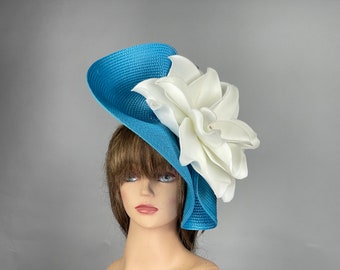 SALE Headband Turquoise White Woman Wedding  Kentucky Derby Coctail Hat Couture Bridal Hat Party Headband