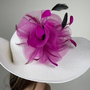 Pièce de tête de mariage église rose blanc Kentucky Derby cocktail mariée chapeau femme chapeau d'été à bord large image 4