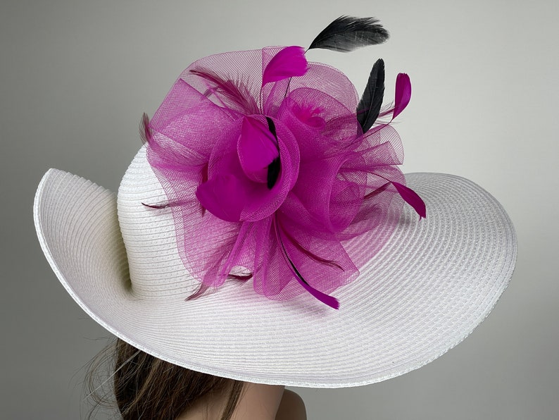 White Pink Church Wedding Head Piece Kentucky Derby Coctail Bridal Woman Hat Summer Hat Wide Brim image 4