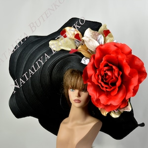 SALE Huge Over Size Black Red  Church Wedding  Head Piece Kentucky Derby Hat Satin Bridal Coctail Hat Couture Bridal Hat
