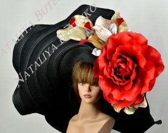 SALE Huge Over Size Black Red  Church Wedding  Head Piece Kentucky Derby Hat Satin Bridal Coctail Hat Couture Bridal Hat
