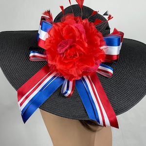 SALE Woman Black Red Blue White American Flag  Kentucky Derby  Bridal Coctail Hat Couture Horse Racing Wide Brim